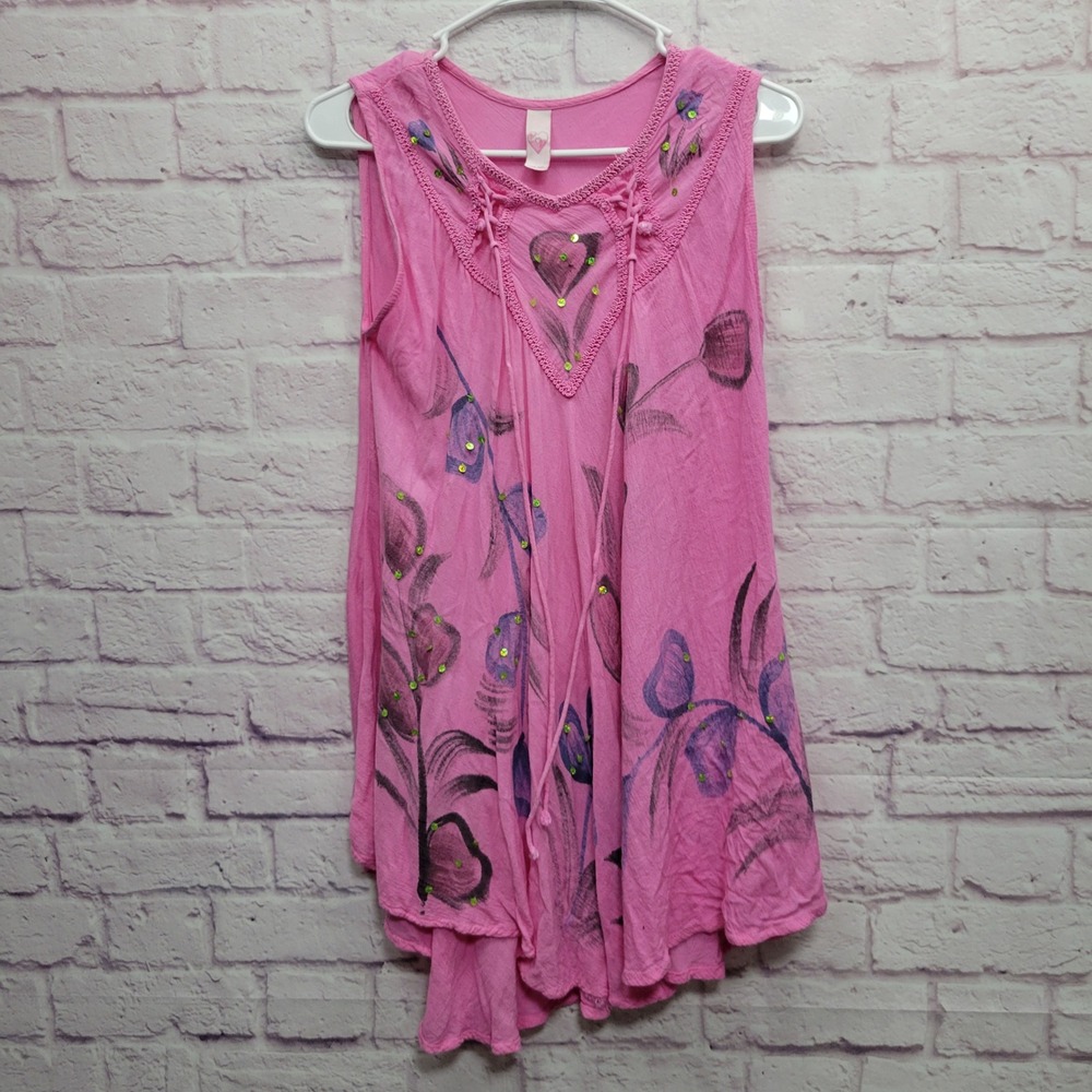 Miss Love Boho Floral Tunic Top Free Size Sequin Flowy Barbiecore Hippie‎ Artsy